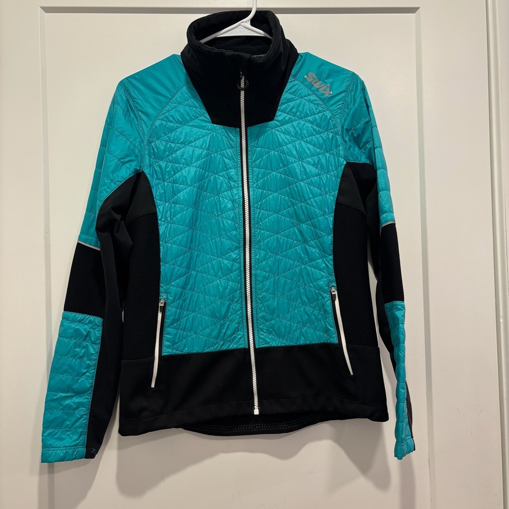 Swix Womens Medium Teal Black Hybrid Quilted Cross Country Ski Jacket Full Zip